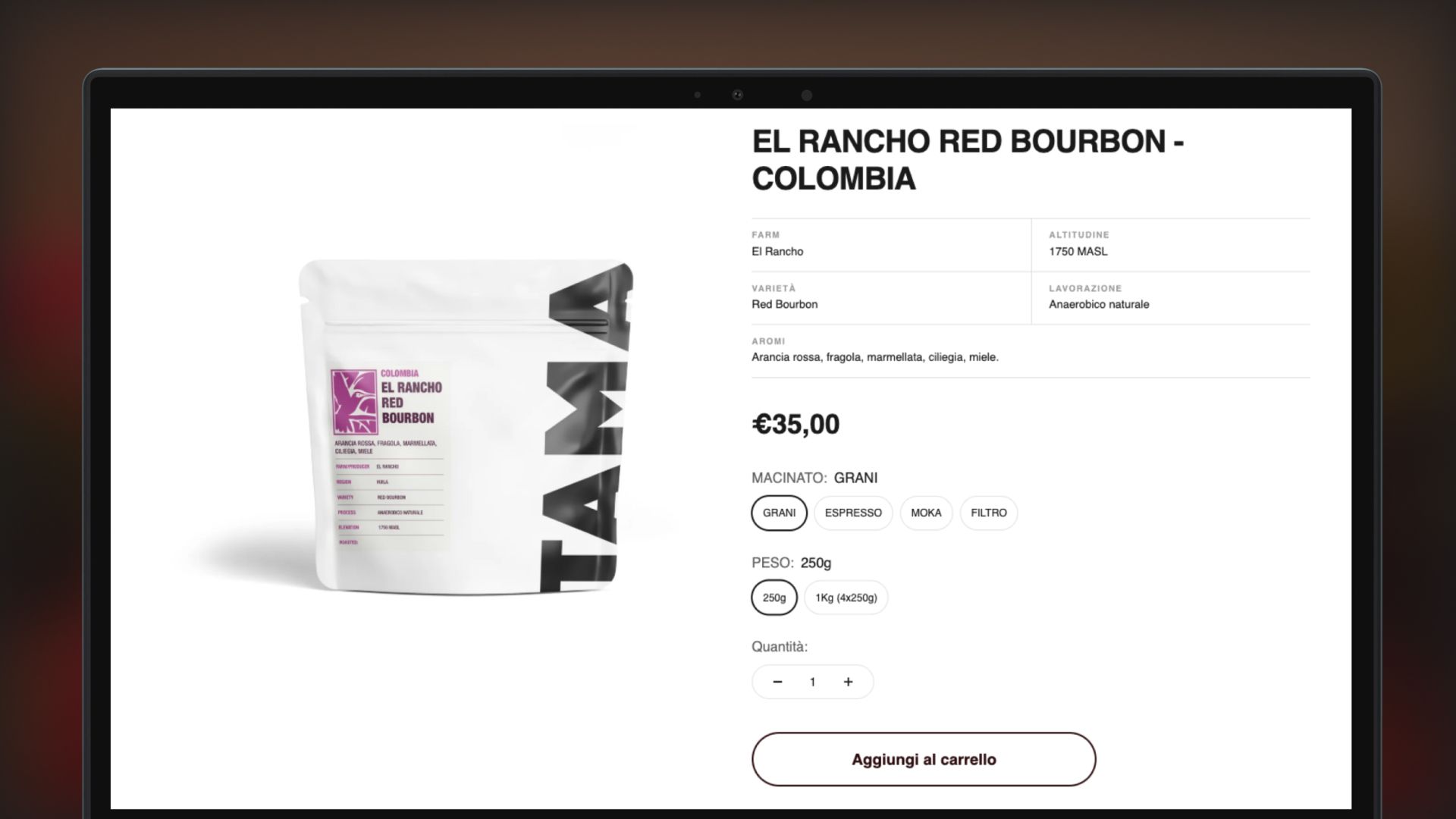 The El Rancho Red Bourbon product page, with the bag, the price and the grind selector