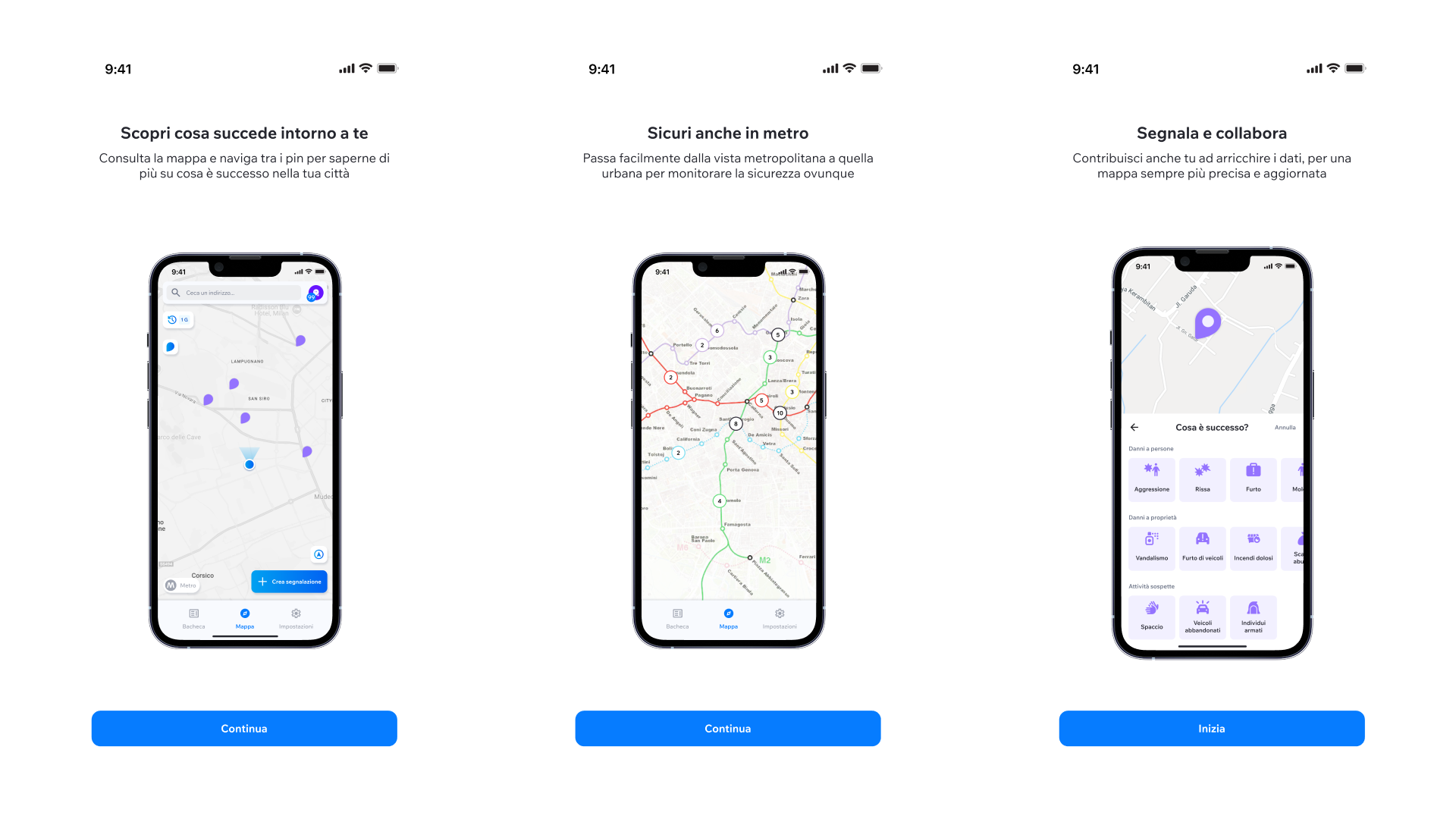 Three screens in a row: onboarding, the metro map and an invitation to contribute