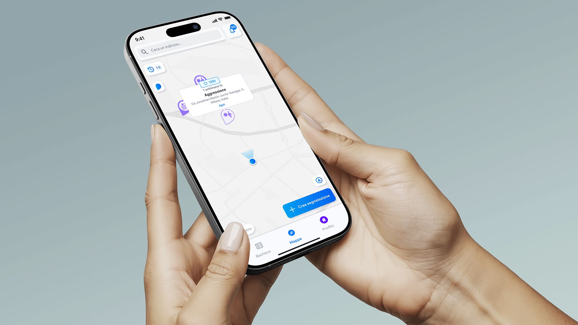 The app map with active reports, seen close up