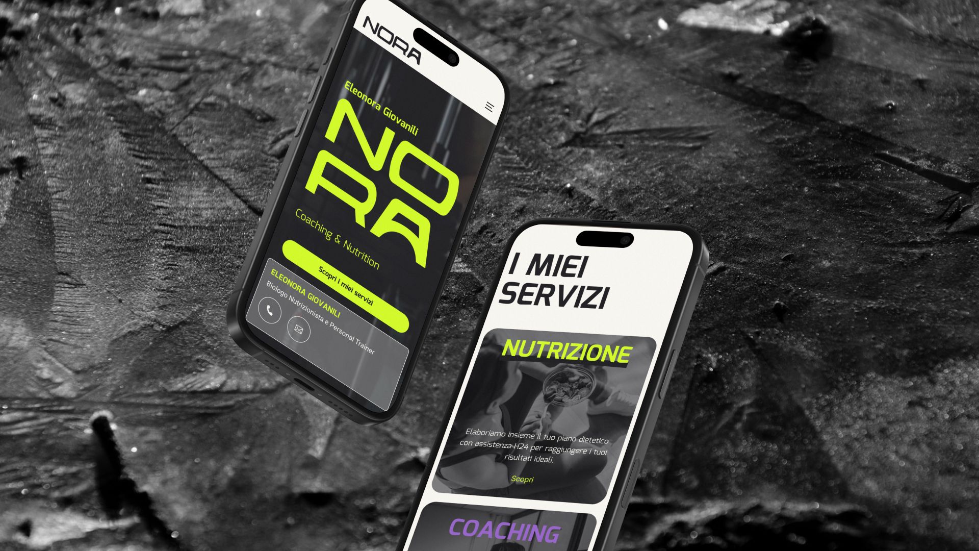 Two smartphones side by side: the home with the Nora logotype and the services screen